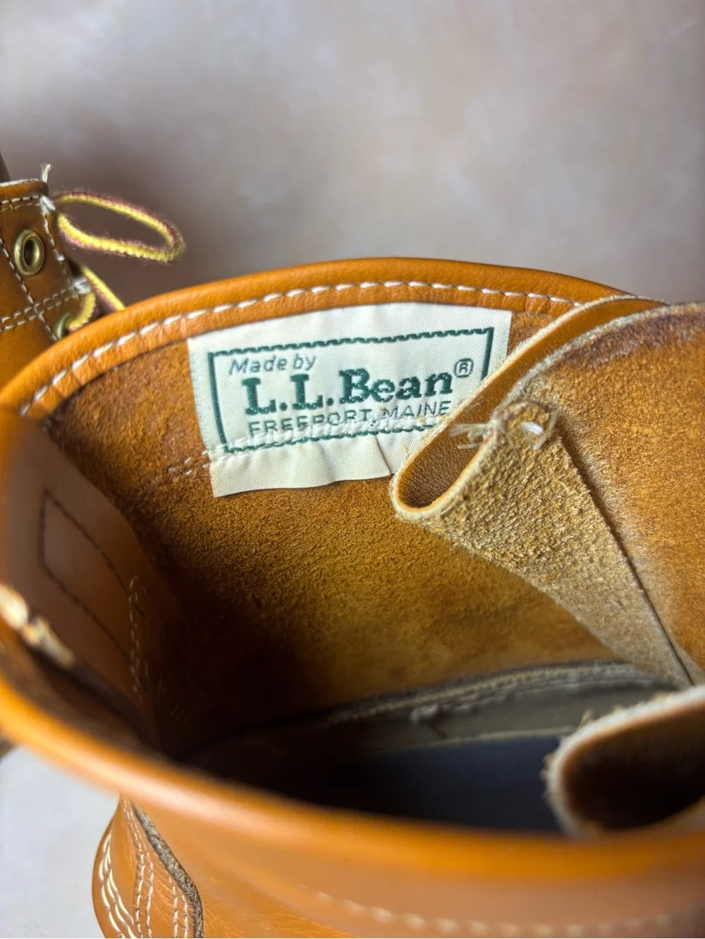 L.L. Bean Women’s Bean Boots, Tan Leather & Navy, waterproof hunting, 9 LM